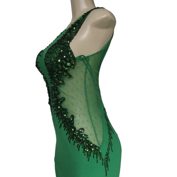 MADISON JAMES 6 Kelly Green BEADED Illusion PROM Evening Formal Maxi Dress - Picture 5 of 13